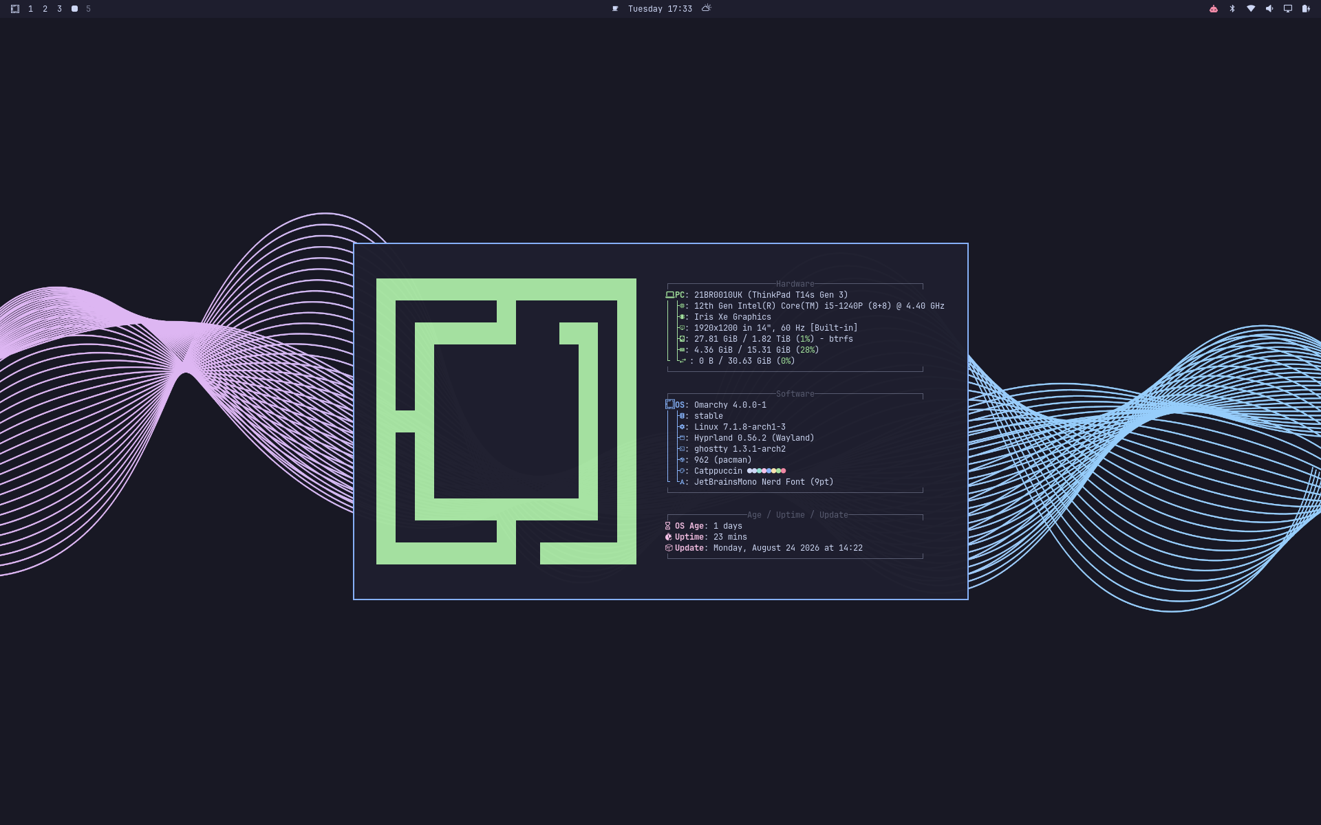Screenshot of Omarchy running on my old Lenovo ThinkPad T14s gen 3.