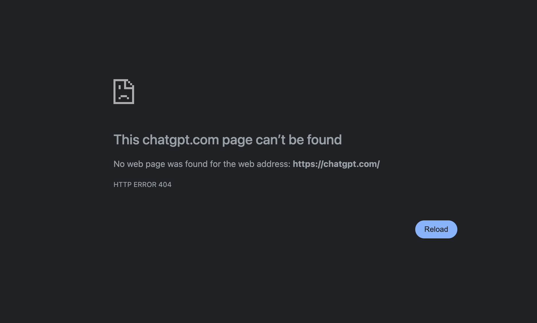 404 error page stating that "This chatgpt.com page can't be found." The page has a white icon and a blue "Reload" button.
