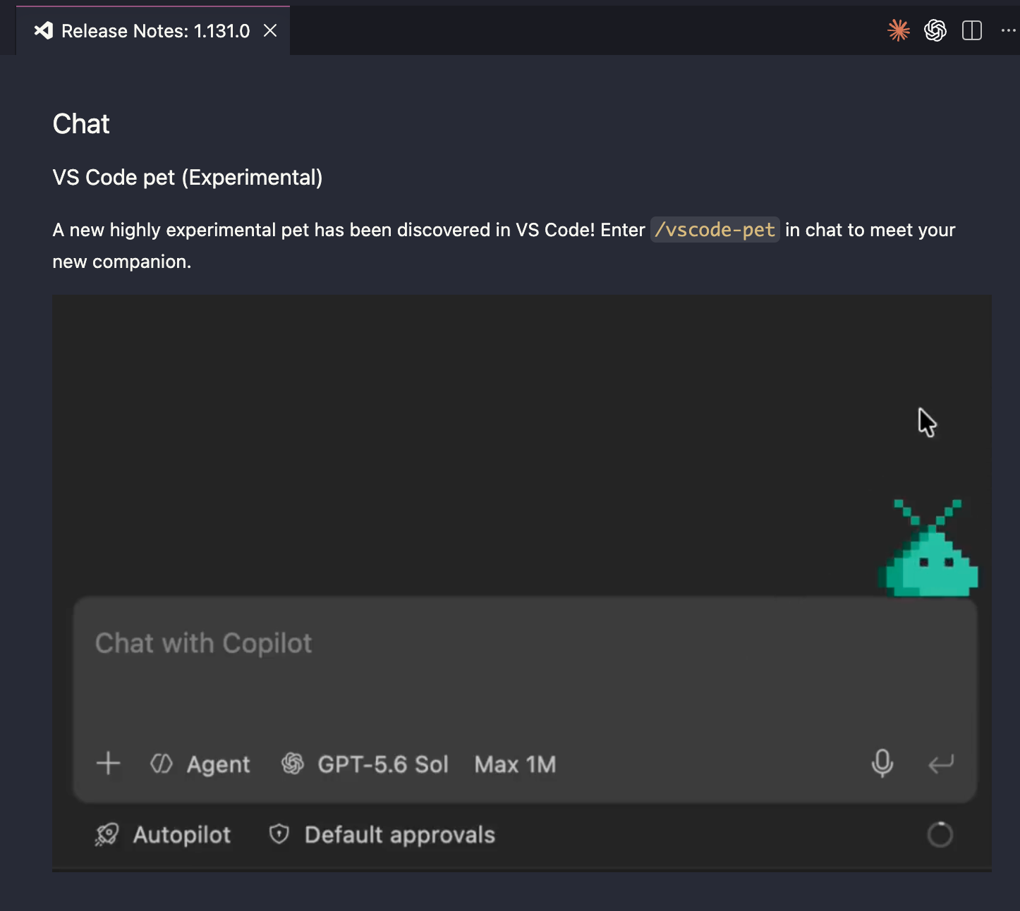 Screenshot showing a chat interface discussing "VS Code pet," suggesting an experimental feature in VS Code.