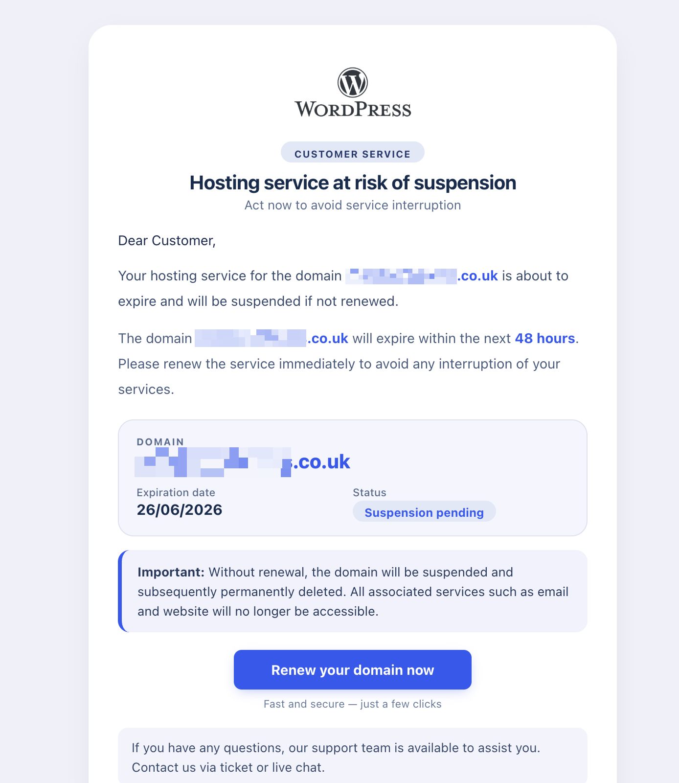 Phishing email: WordPress hosting suspension warning for a domain ending in .co.uk, urging immediate renewal to avoid service interruption.